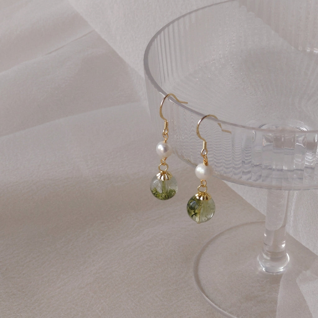 Garden Drop - 14K Gold-Plated Green Phantom and Pearl Drop Earrings