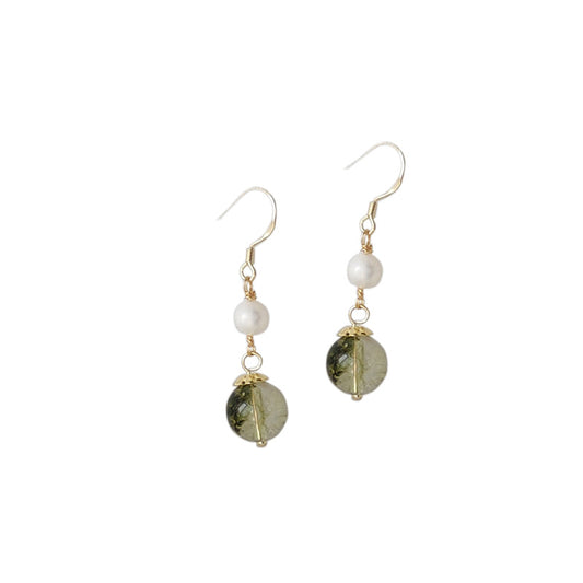 Garden Drop - 14K Gold-Plated Green Phantom and Pearl Drop Earrings