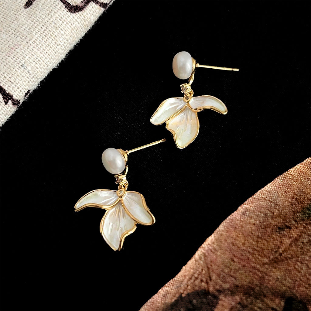 Pearl Fern - 14K Gold-Plated Enamel Freshwater Pearl Leaf Drop Stud Earrings