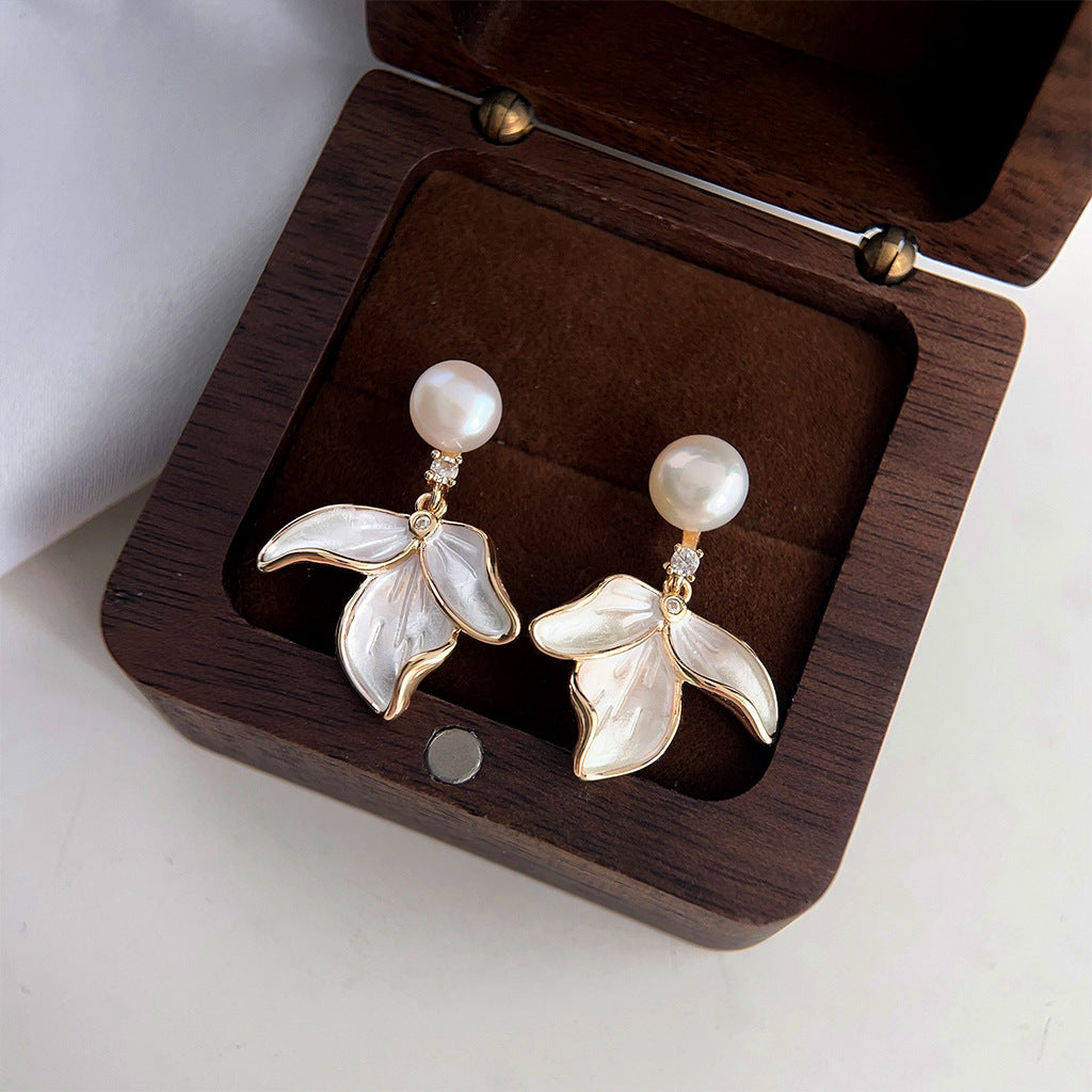 Pearl Fern - 14K Gold-Plated Enamel Freshwater Pearl Leaf Drop Stud Earrings