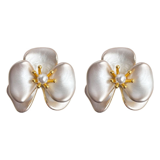 Ivory Petal - 14K Gold-Plated Enamel Orchid Pearl Stud Earrings