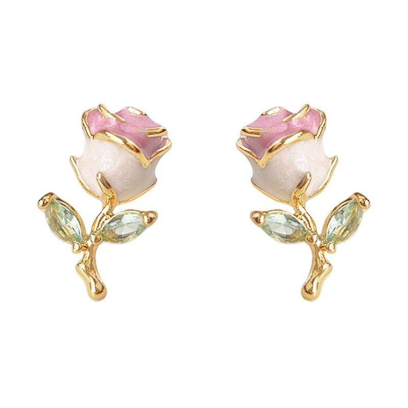 Blush Rose - 14K Gold-Plated Enamel Rose Stud Earrings