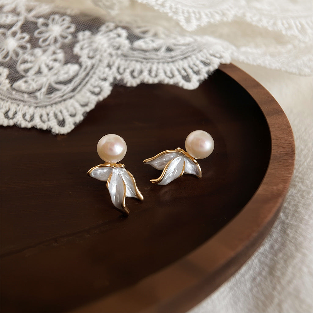 Pearl Leaf - 14K Gold-Plated Enamel Freshwater Pearl Leaf Stud Earrings