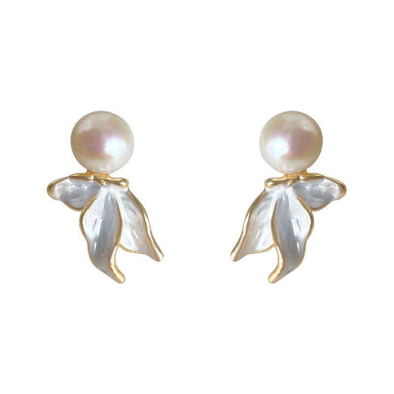 Pearl Leaf - 14K Gold-Plated Enamel Freshwater Pearl Leaf Stud Earrings