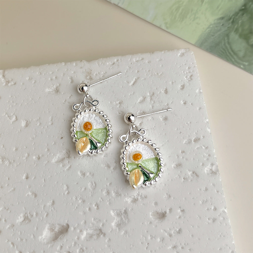 Pearl Ribbon - White Gold-Tone Plated Enamel Floral Bow Pearl Stud Earrings