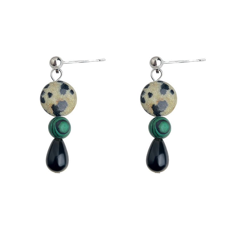 Mosaic Night - White-Gold-Tone-Plated Malachite and Black Agate Drop Earrings