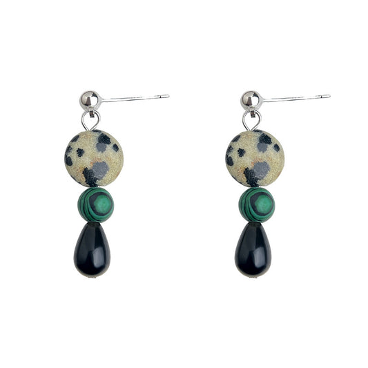 Mosaic Night - White-Gold-Tone-Plated Malachite and Black Agate Drop Earrings