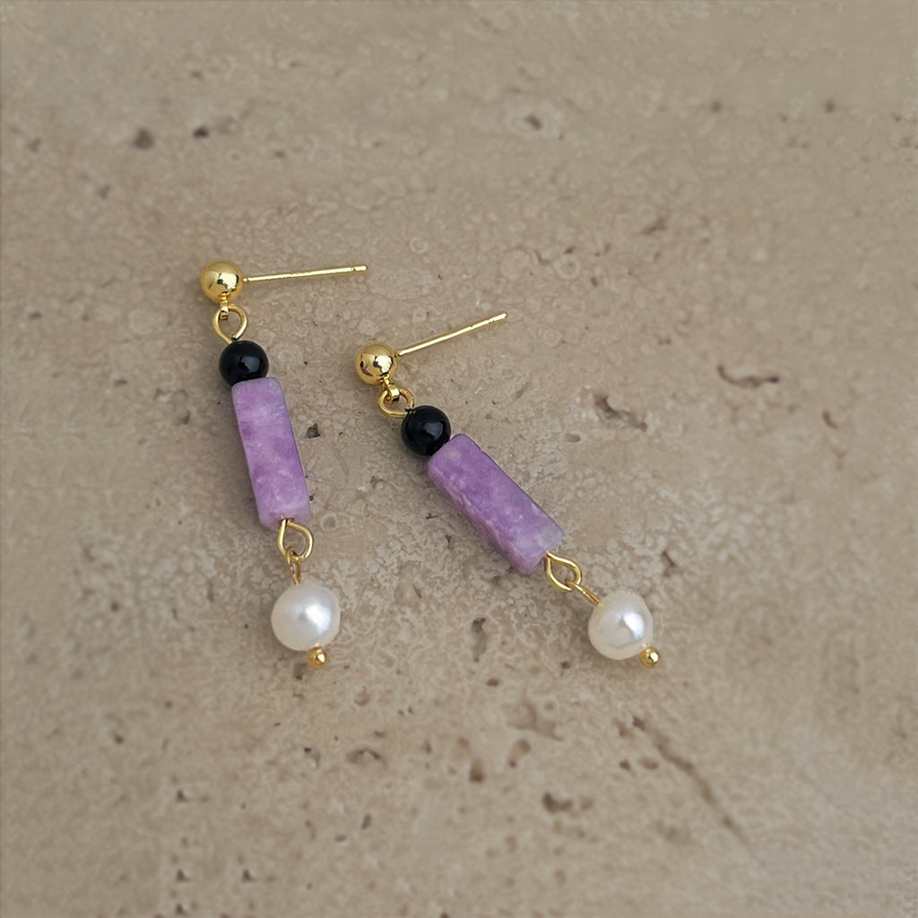Violet Balance - 14K Gold-Plated Natural Amethyst, Black Agate and Freshwater Pearl Drop Earrings