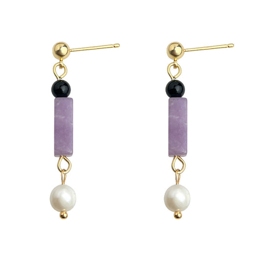 Violet Balance - 14K Gold-Plated Natural Amethyst, Black Agate and Freshwater Pearl Drop Earrings