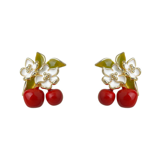 Cherry Day - 14K Gold-Plated Enamel Cherry Blossom Stud Earrings