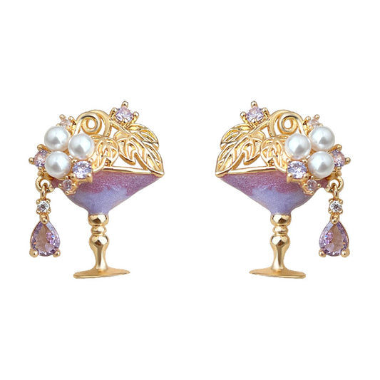 Evening Toast - 14K Gold-Plated Enamel Wine Glass Pearl Stud Earrings