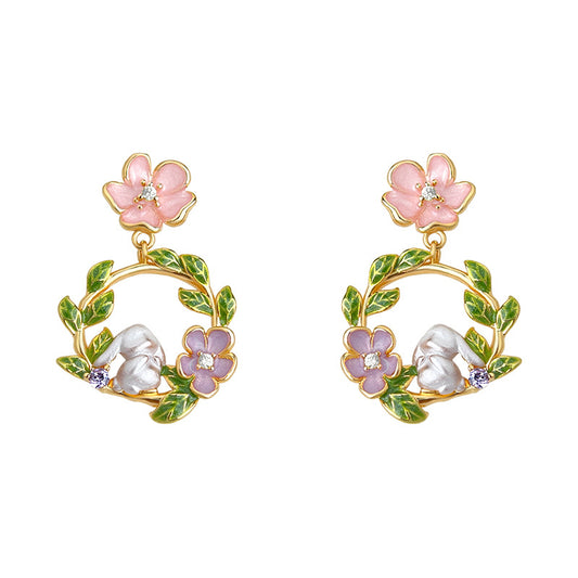 Garden Guest - 14K Gold-Plated Enamel Rabbit Wreath Stud Earrings