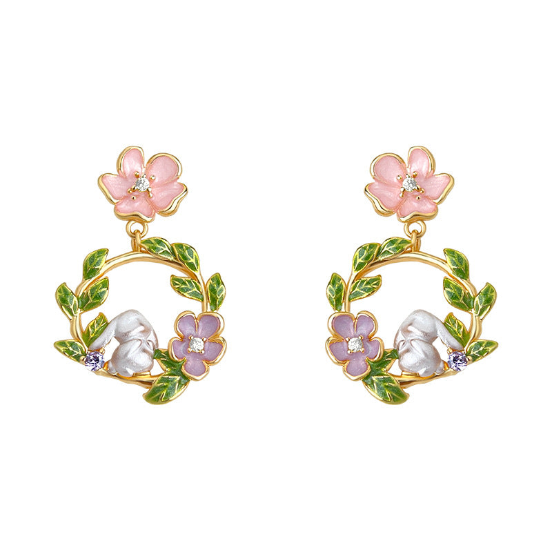 Garden Guest - 14K Gold-Plated Enamel Rabbit Wreath Stud Earrings