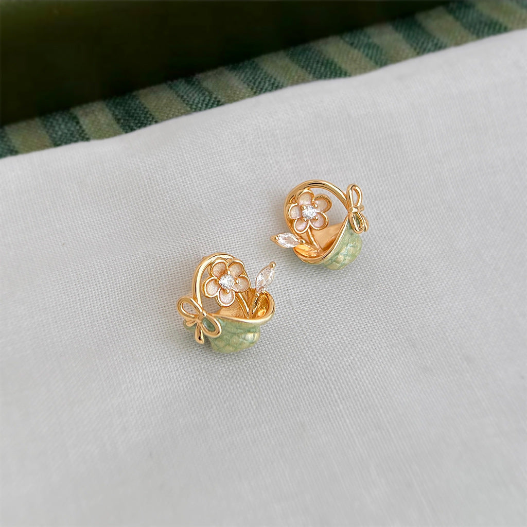 Spring Light - 14K Gold-Plated Enamel Floral Stud Earrings