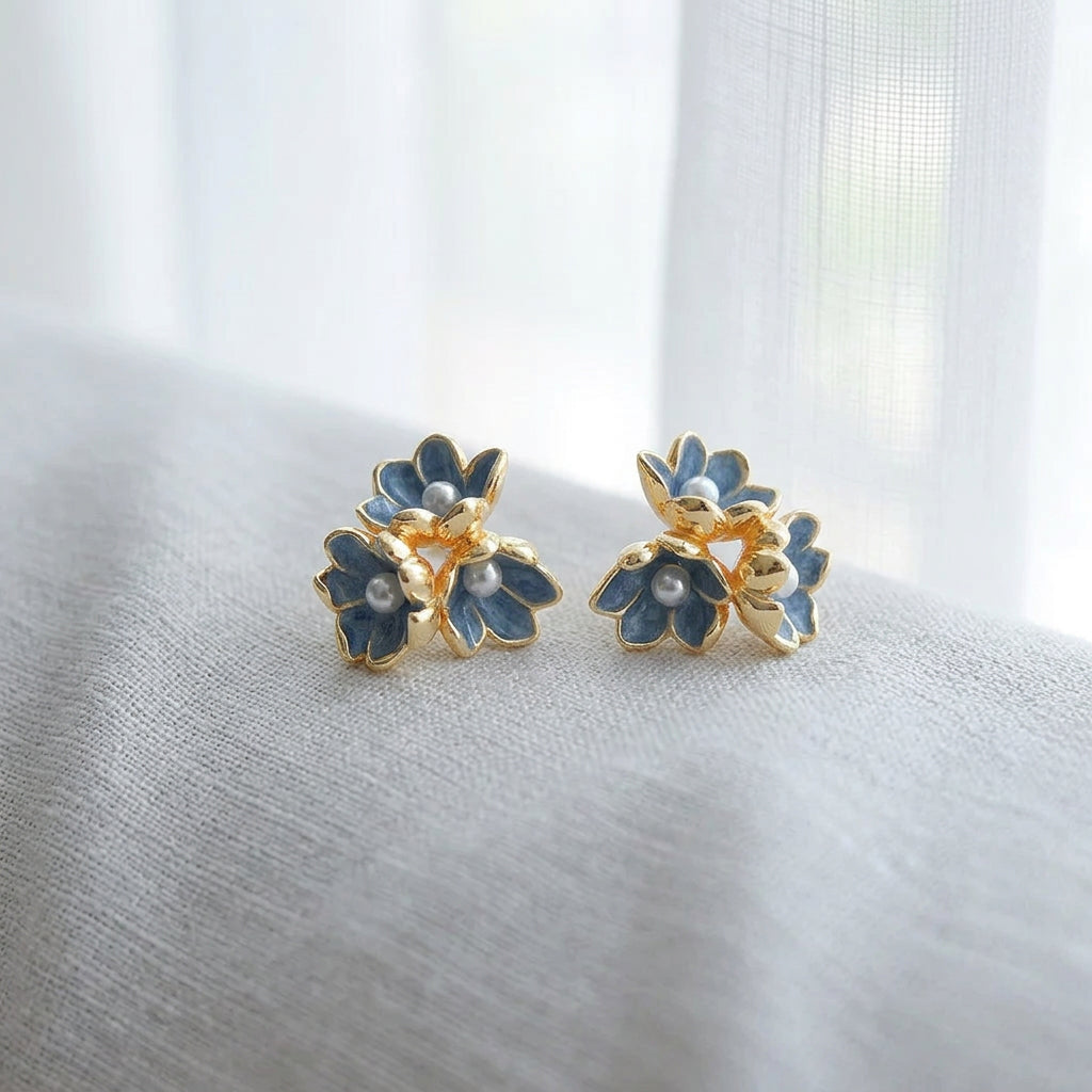 Blue Clarity - 14K Gold-Plated Enamel Iris Stud Earrings