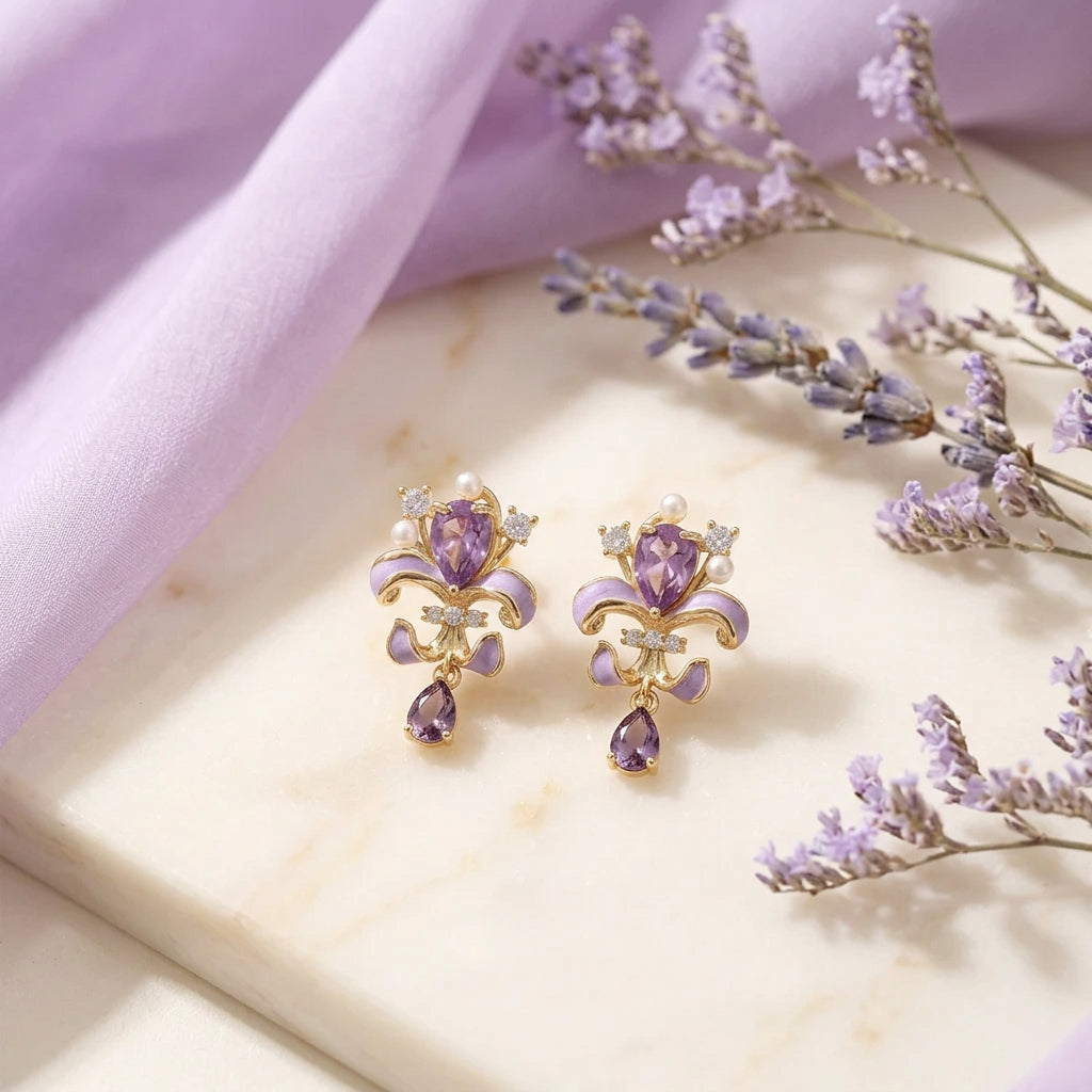 Violet Dew - 14K Gold-Plated Enamel Floral Pearl Drop Stud Earrings