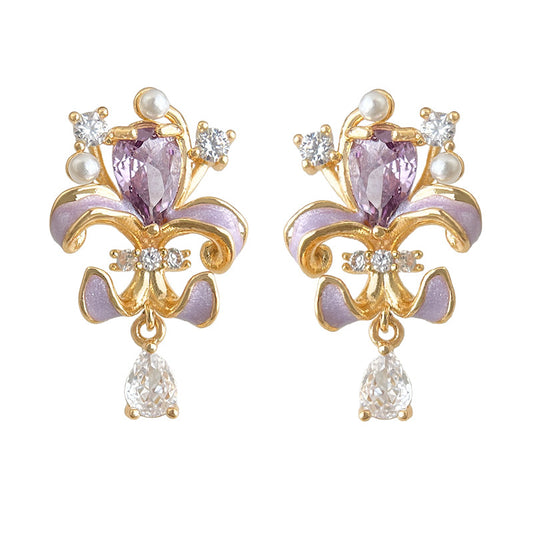 Violet Dew - 14K Gold-Plated Enamel Floral Pearl Drop Stud Earrings
