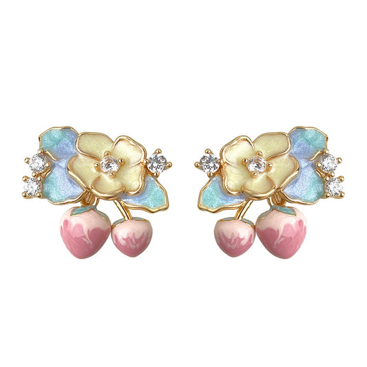 Camellia - 14K Gold-Plated Enamel Camellia and Cherry Stud Earrings