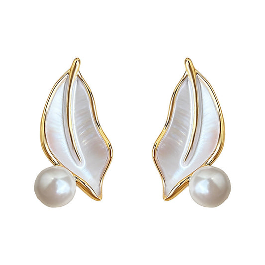 Soft Laurel - 14K Gold-Plated Enamel Leaf Glass Pearl Stud Earrings