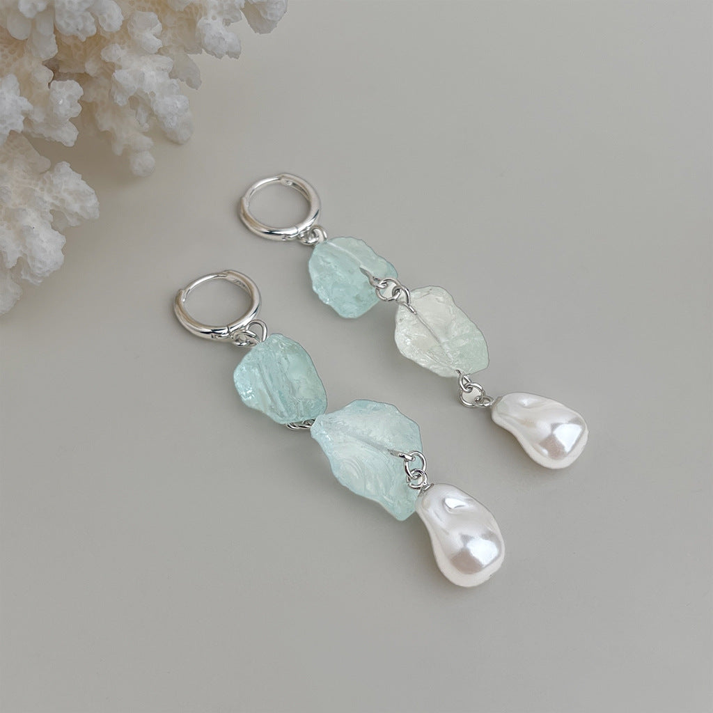 Long Blue Hour - White-Gold-Tone-Plated Natural Blue Crystal and Baroque Pearl Drop Earrings