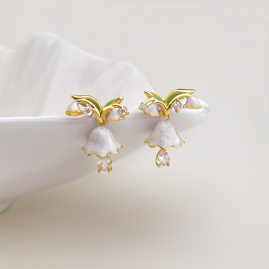 Muguet - 18K Gold-Plated Enamel Lily of the Valley Stud Earrings
