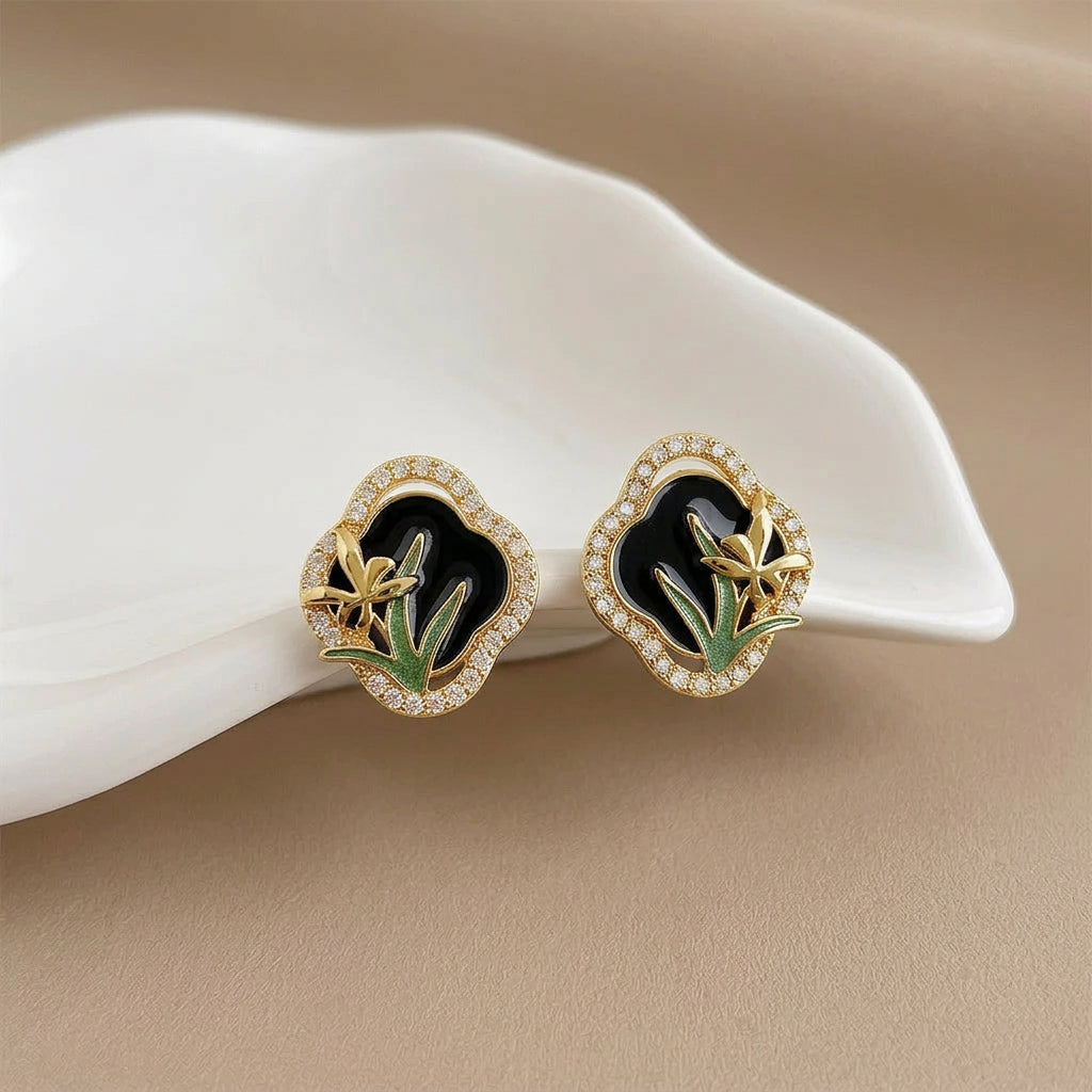 Classic Noir - 18K Gold-Plated Enamel Iris Stud Earrings