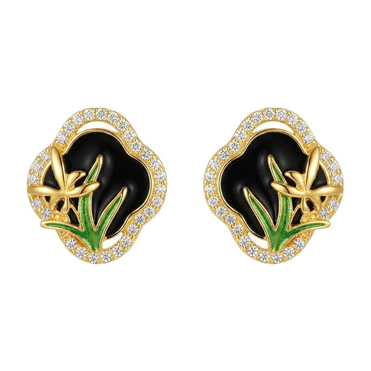 Classic Noir - 18K Gold-Plated Enamel Iris Stud Earrings