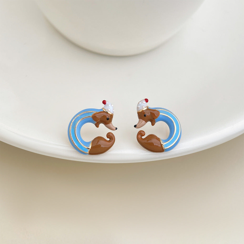 Poolside Pup - 18K Gold-Plated Enamel Dachshund Stud Earrings