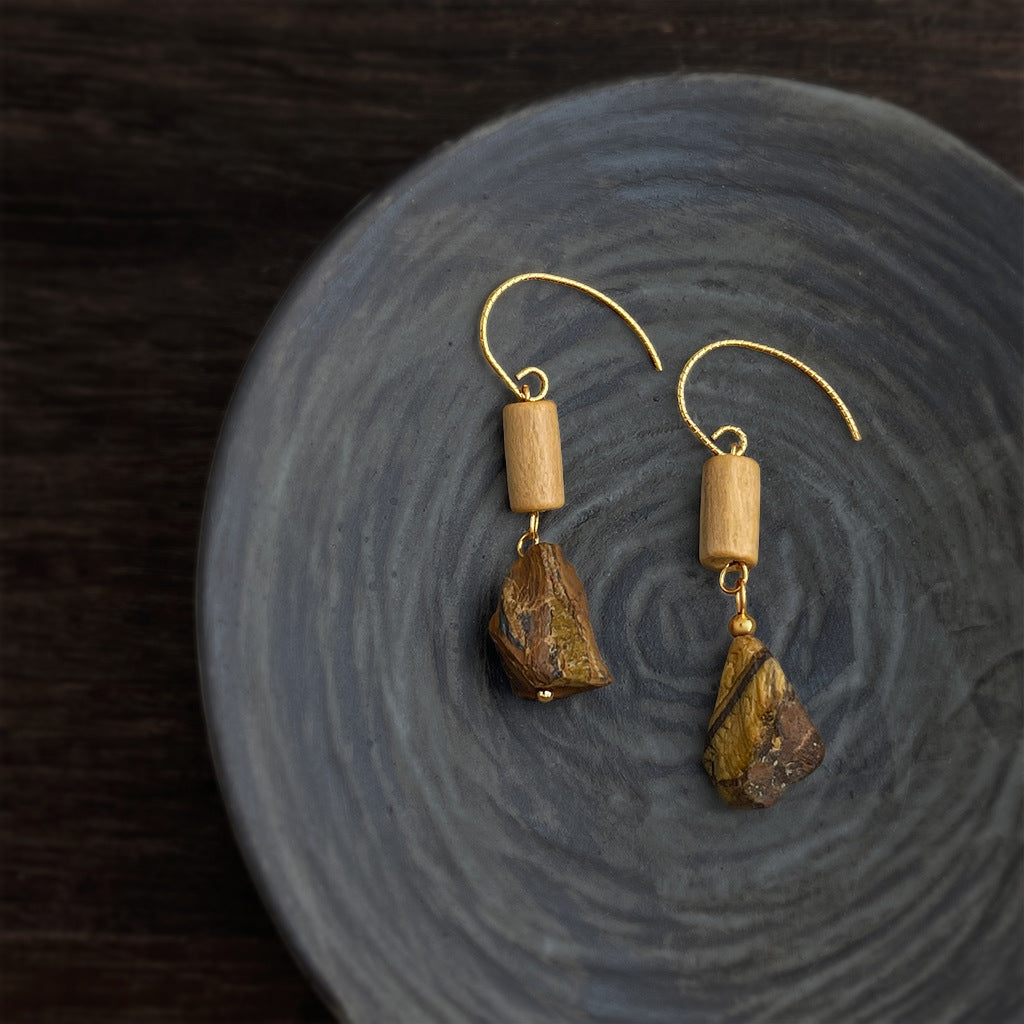 Earthline - 18K Gold-Plated Wood and Natural Tiger's Eye Drop Earrings