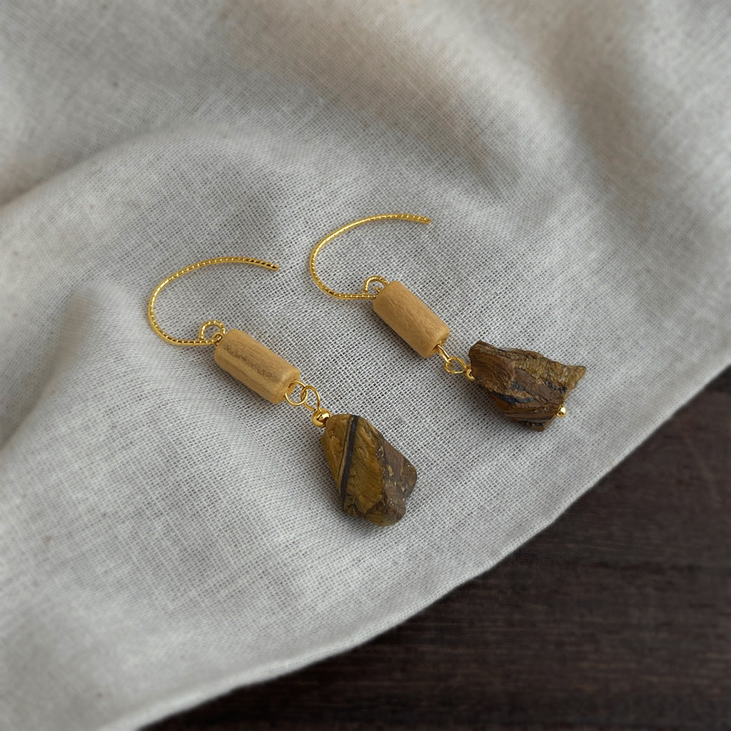 Earthline - 18K Gold-Plated Wood and Natural Tiger's Eye Drop Earrings