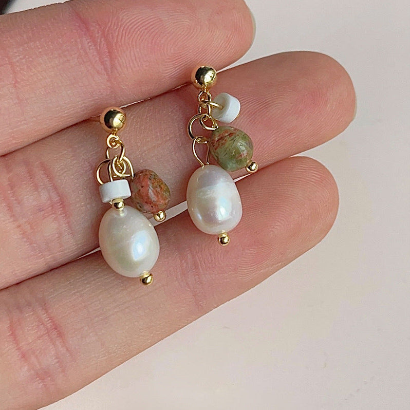 Moss & Rose - 14K Gold-Plated Natural Stone and Freshwater Pearl Drop Earrings