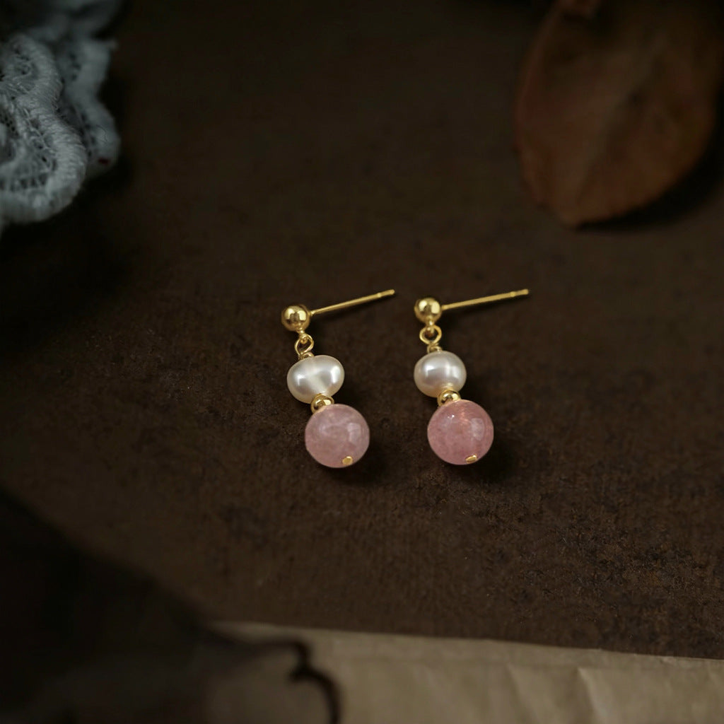 Berry Pearl - 14K Gold-Plated Strawberry Quartz and Freshwater Pearl Drop Earrings