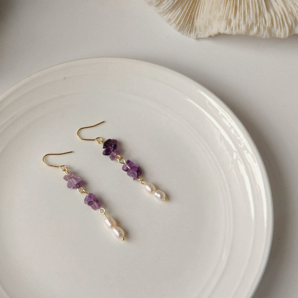 Violet Tide - 14K Gold-Plated Natural Amethyst and Freshwater Pearl Drop Earrings