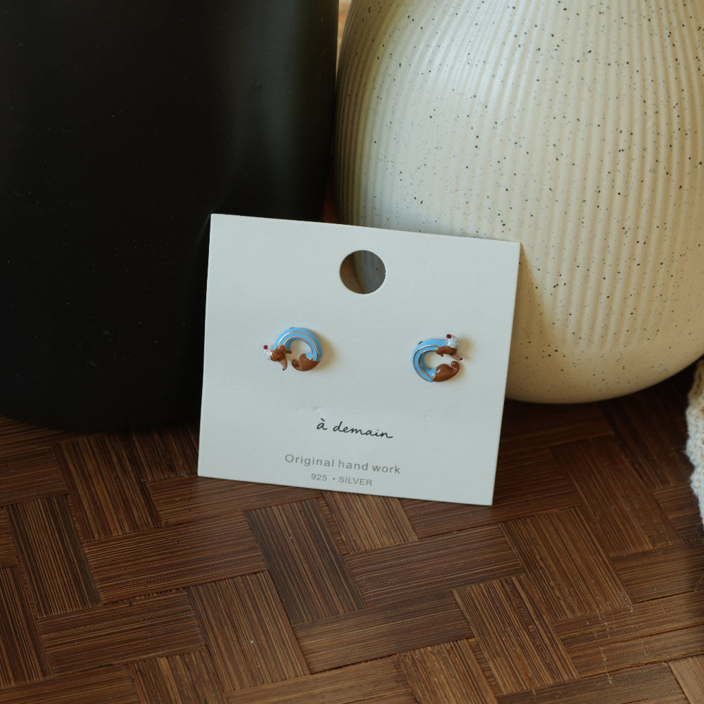 Poolside Pup - 18K Gold-Plated Enamel Dachshund Stud Earrings