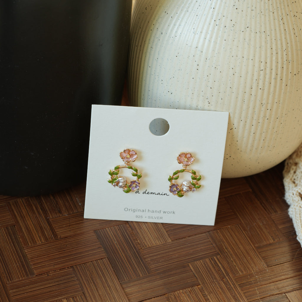 Garden Guest - 14K Gold-Plated Enamel Rabbit Wreath Stud Earrings
