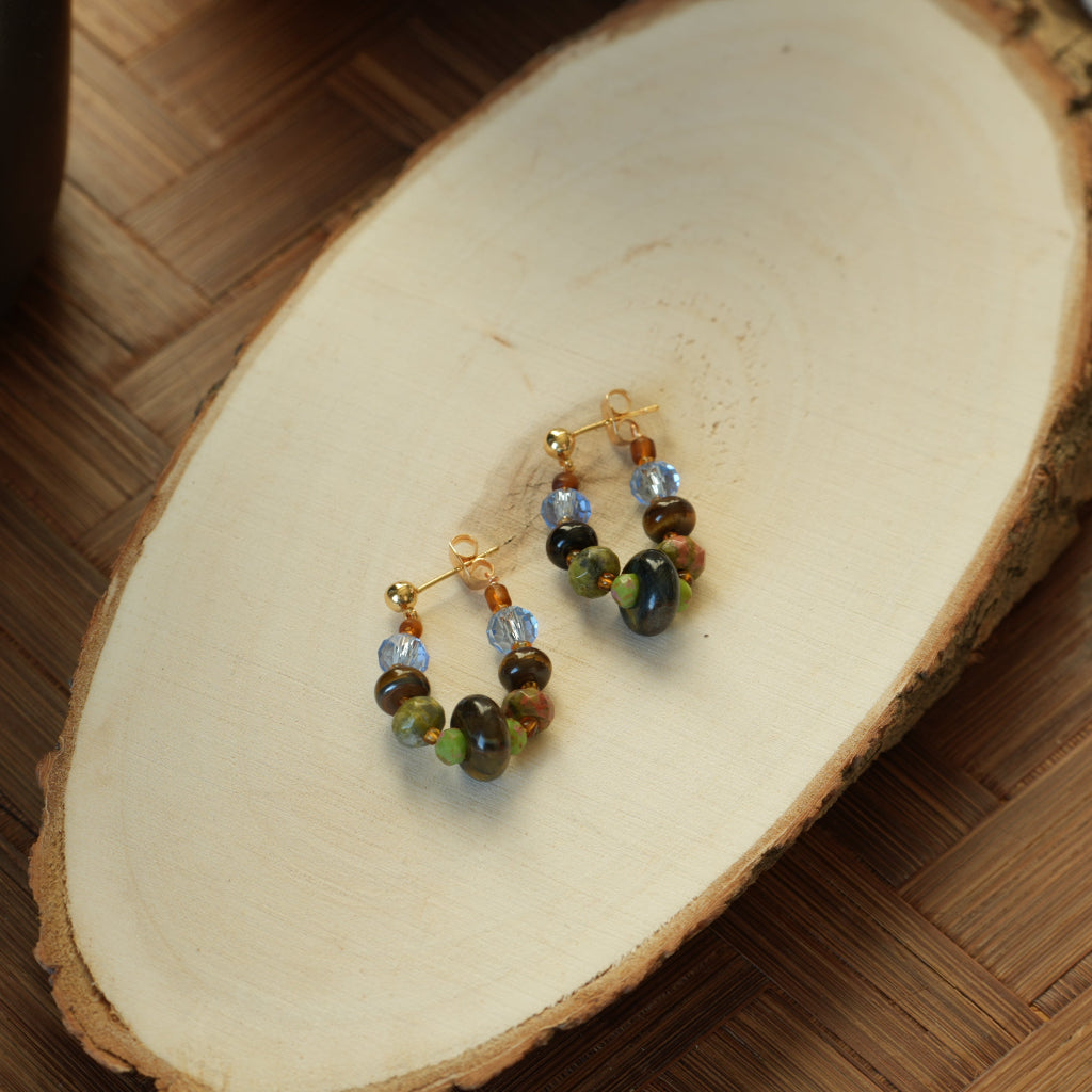 Amber Geometry - 14K Gold-Plated Natural Tiger's Eye Beaded Hoop Earrings