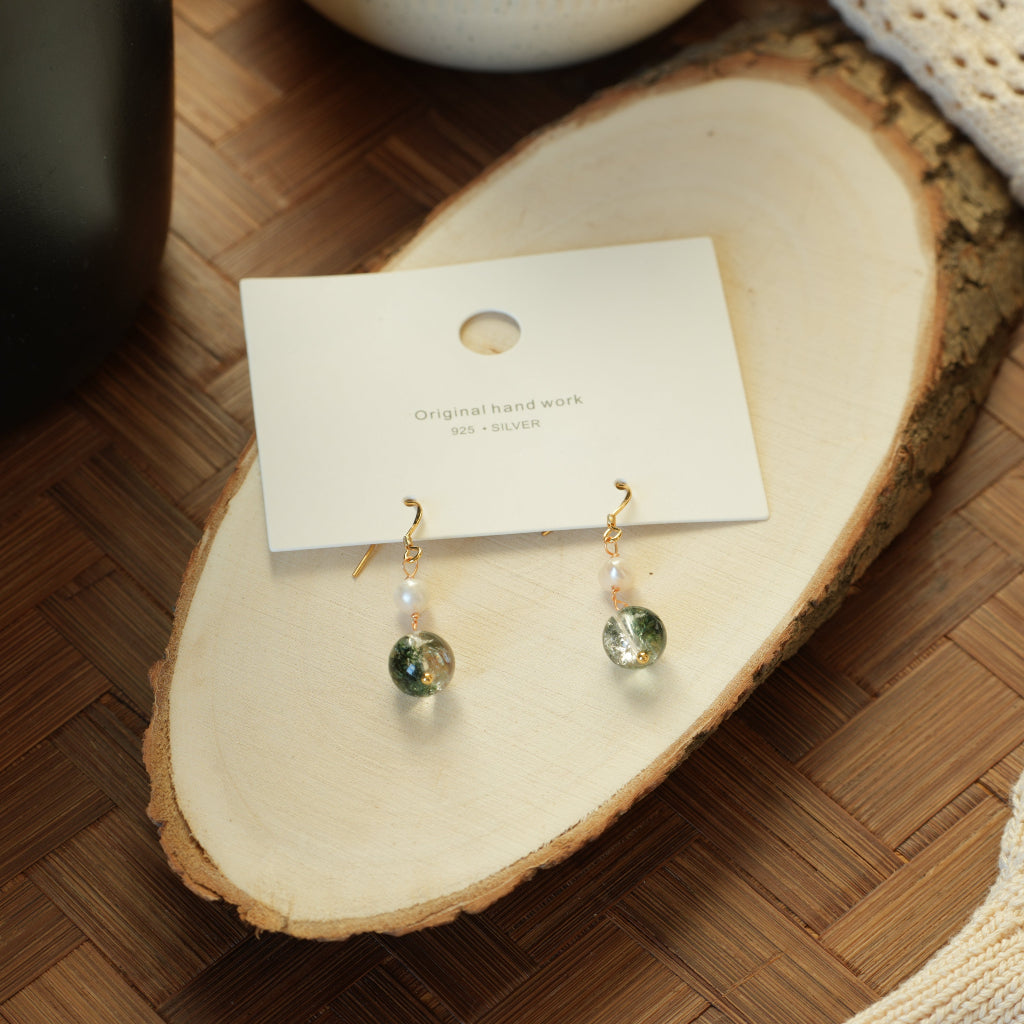 Garden Drop - 14K Gold-Plated Green Phantom and Pearl Drop Earrings
