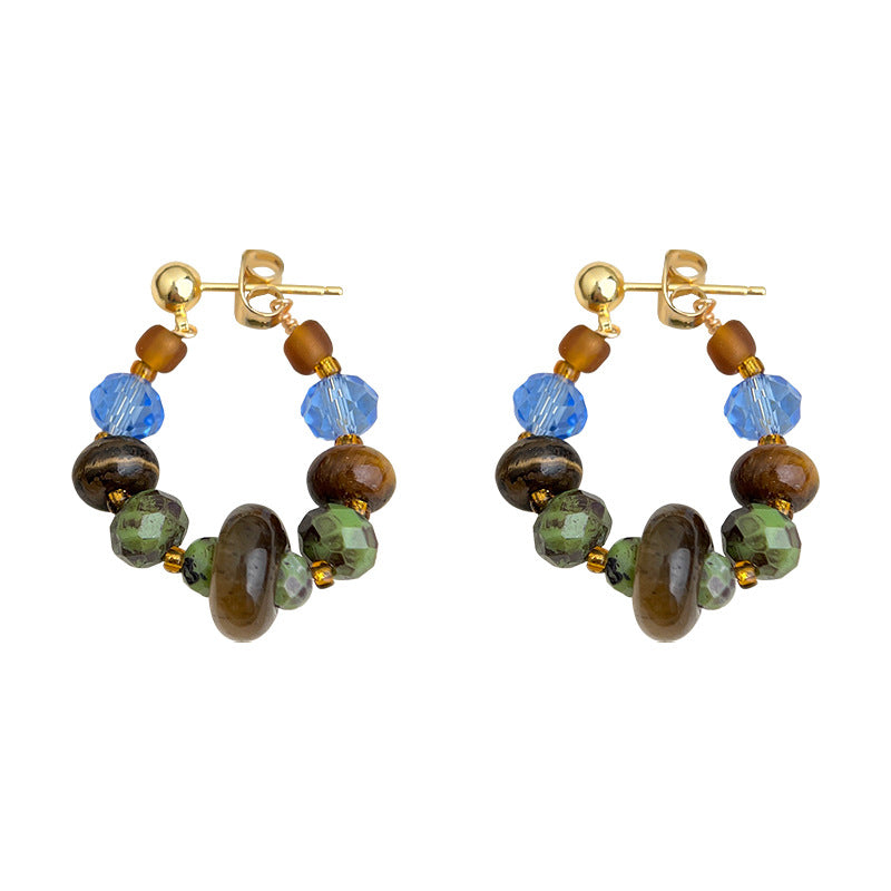Amber Geometry - 14K Gold-Plated Natural Tiger's Eye Beaded Hoop Earrings