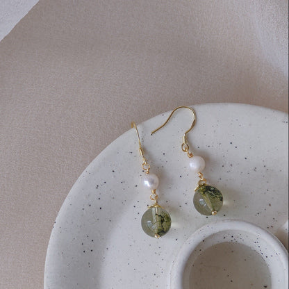 Garden Drop - 14K Gold-Plated Green Phantom and Pearl Drop Earrings