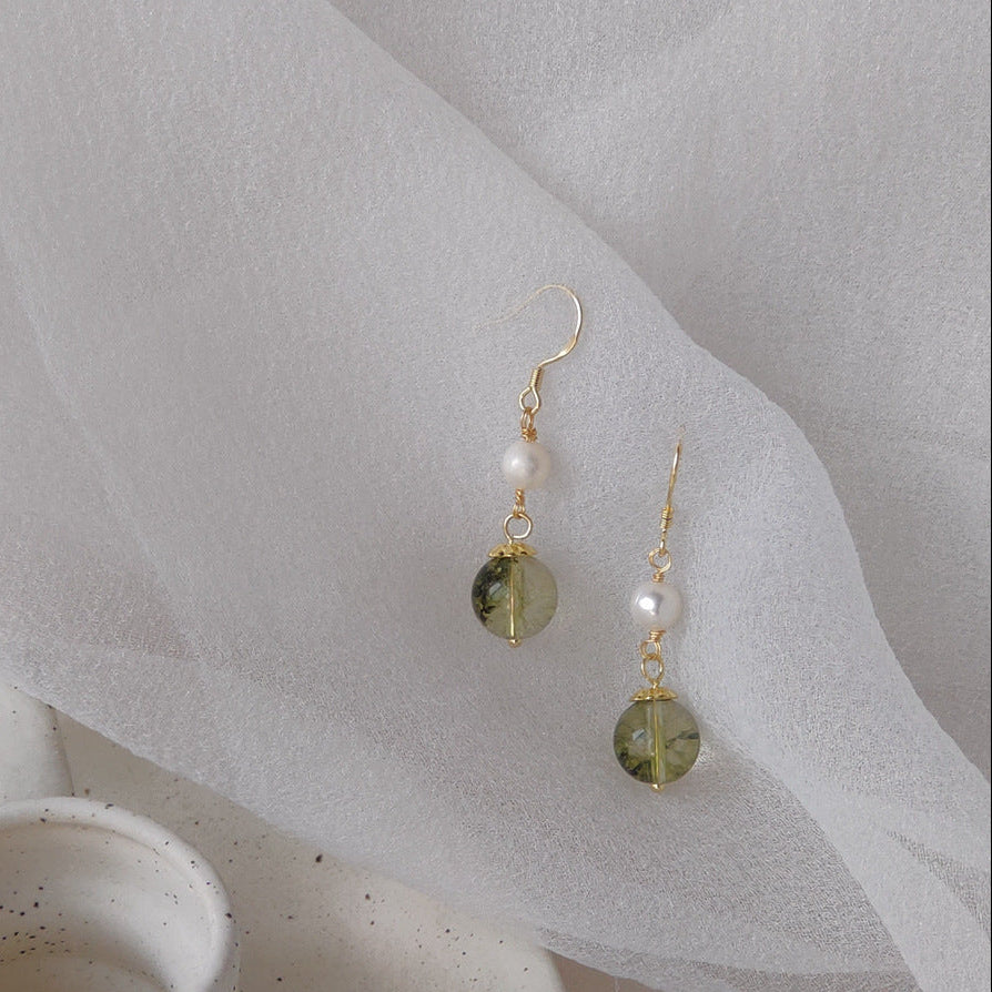 Garden Drop - 14K Gold-Plated Green Phantom and Pearl Drop Earrings