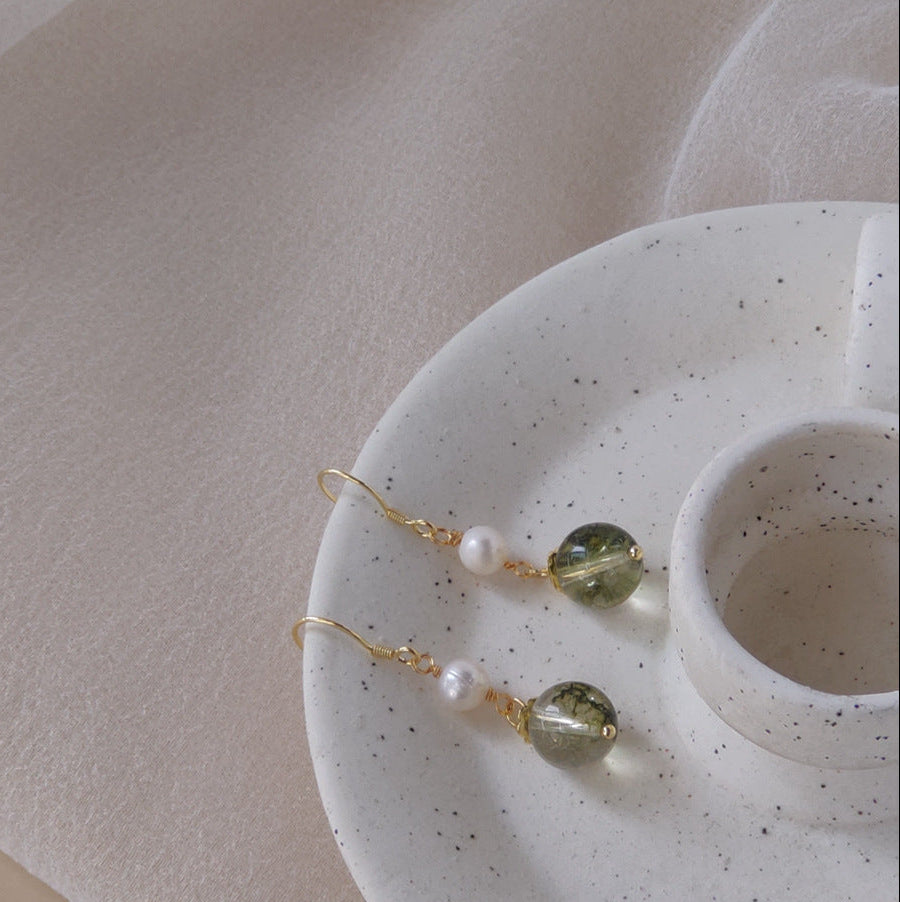 Garden Drop - 14K Gold-Plated Green Phantom and Pearl Drop Earrings