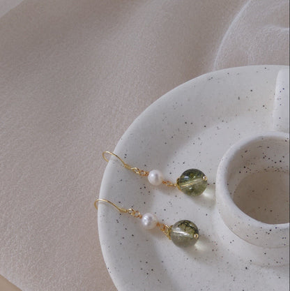 Garden Drop - 14K Gold-Plated Green Phantom and Pearl Drop Earrings