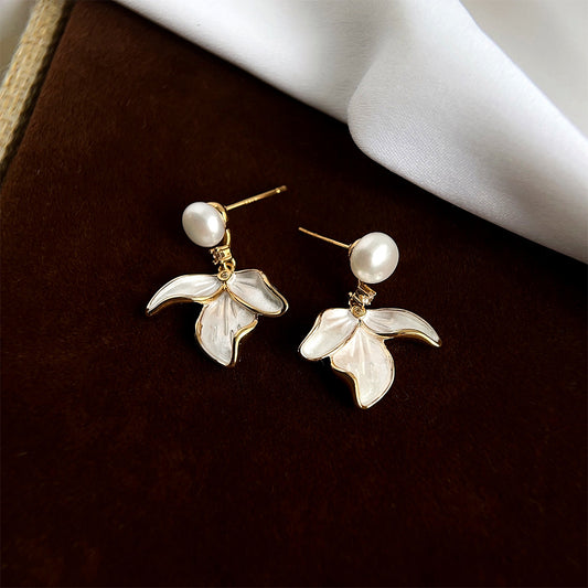 Pearl Fern - 14K Gold-Plated Enamel Freshwater Pearl Leaf Drop Stud Earrings