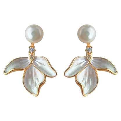 Pearl Fern - 14K Gold-Plated Enamel Freshwater Pearl Leaf Drop Stud Earrings