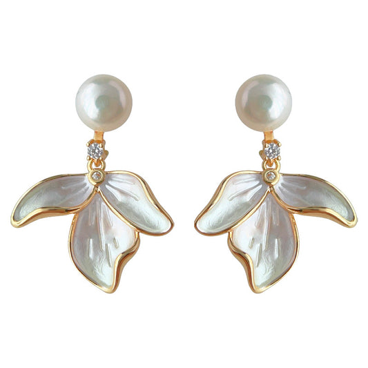 Pearl Fern - 14K Gold-Plated Enamel Freshwater Pearl Leaf Drop Stud Earrings