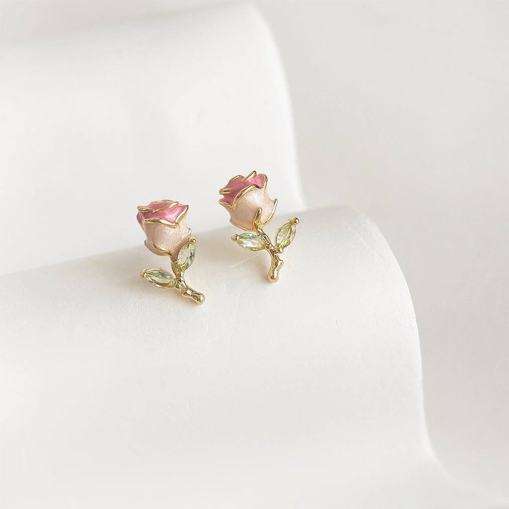 Blush Rose - 14K Gold-Plated Enamel Rose Stud Earrings