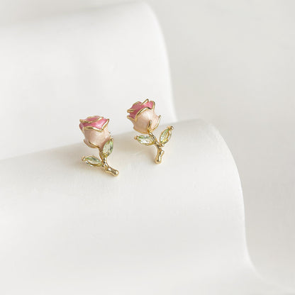 Blush Rose - 14K Gold-Plated Enamel Rose Stud Earrings