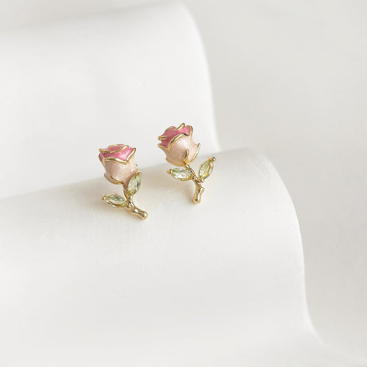 Blush Rose - 14K Gold-Plated Enamel Rose Stud Earrings