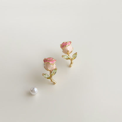 Blush Rose - 14K Gold-Plated Enamel Rose Stud Earrings