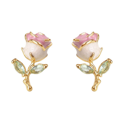 Blush Rose - 14K Gold-Plated Enamel Rose Stud Earrings